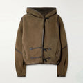 Brown Suede Shearling Lined Hooded Cropped Jacket Women's Bomber Coat  Warm Winter Outerwear Fashion High Street Lady Outfit