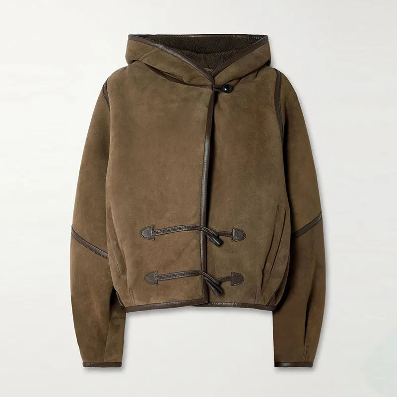 Brown Suede Shearling Lined Hooded Cropped Jacket Women's Bomber Coat  Warm Winter Outerwear Fashion High Street Lady Outfit