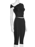 Sexy Irregular Knot 2-Piece Set Women Diognal Collar Crop Top+Capri Pants Stylish Solid Hottie Street Slim Outfits