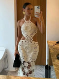 Sexy Hollow-out Crochet Dress Women Fashion Solid Sleeveless Backless Halter Maxi Dresses 2026 Summer Lady Vacation Lace Robe
