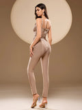 Khaki Ginger Women's V-neck Bodycon Sexy Sleeveless Rayon Bandage Jumpsuit Night Club Party Jumpsuits