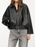 Fashion Leather Jacket Women's Vintage Faux Leather Bomber Jacket Solid Zipper Lapel Long Sleeves Autumn High Street Coat