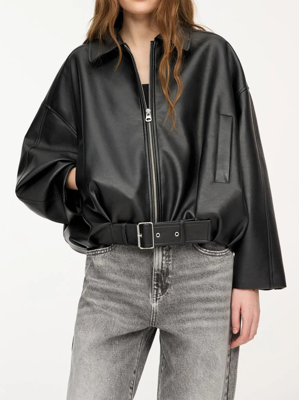 Fashion Leather Jacket Women's Vintage Faux Leather Bomber Jacket Solid Zipper Lapel Long Sleeves Autumn High Street Coat