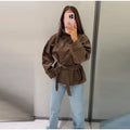 Women Suede Jacket Stand Collar Asymmetric Button Belted Waist Peplum Hem Long Sleeve Loose Retro Casual Outerwear Fashion Coat