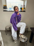 Casual Purple Fleece Jacket Womens Stand Collar Contrast Zip Loose Fit Pockets Coat Fall Winter Sporty Outdoor Streetwear Wear