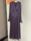 French Retro Vacation Dress for Women V Neck Lantern Sleeve Spliced Bead Square Scarf Tunic Temperament Long Dresses Female