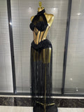 Black Color Women Sexy Halter Shining Rhinestones Mesh See Through Bodycon Bodysuit Bar Dancer Singer Performance Costumes