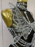 Sparkly Silver Diamonds 3D Butterfly Mesh See Through Mini Dress Women Eveing Party Birthday Bar Nightclub Sexy Stage Costumes