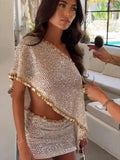 Silver Sequin Two Piece Outfit One Shoulder Coin Trim Cape Top High Waist Skirt 2026 Summer New Beach Party Nightclub Dating Set