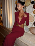 Waistless Elegant Dress Women Classic Full Sleeve Padded Bra Deep v-Neck Metal Buckle Hipster Simple Skinny Vestidos