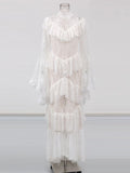 2026 New Elegant Design Sense Flare Sleeve Stand Collar Ruffle Lace Slim Long Dress Women's Wedding Banquet Festival Gown