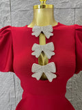 High Quality Red Bodycon Dress with Crystal Bow Cutout and Puff Sleeves Versatile for Celebrations and Gatherings