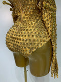 Sexy Strapless Gold Shinning Rhinestone Bodycon Bodysuit With Glove Bar Dancer Nightclub Singer DJ Stage Costume Birthday Outfit