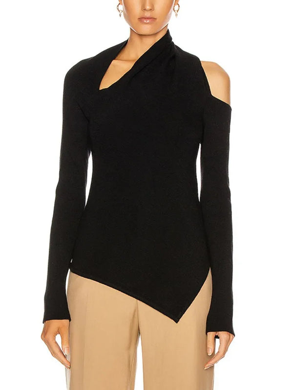 Asymmetrical Solid Knitting Sweater For Women Irregular Collar Long Sleeve Hollow Out Pullovers Female Fashion 2023