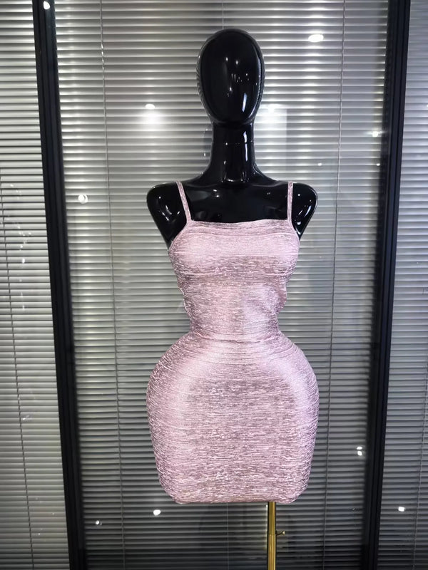 Pink Foil Color Women Sexy Strap Bodycon Mini Bandage Dress Nightclub Party Celebrate Birthday Girls Vacation Outfit Wholesale