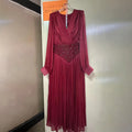 French Retro Vacation Dress for Women V Neck Lantern Sleeve Spliced Bead Square Scarf Tunic Temperament Long Dresses Female