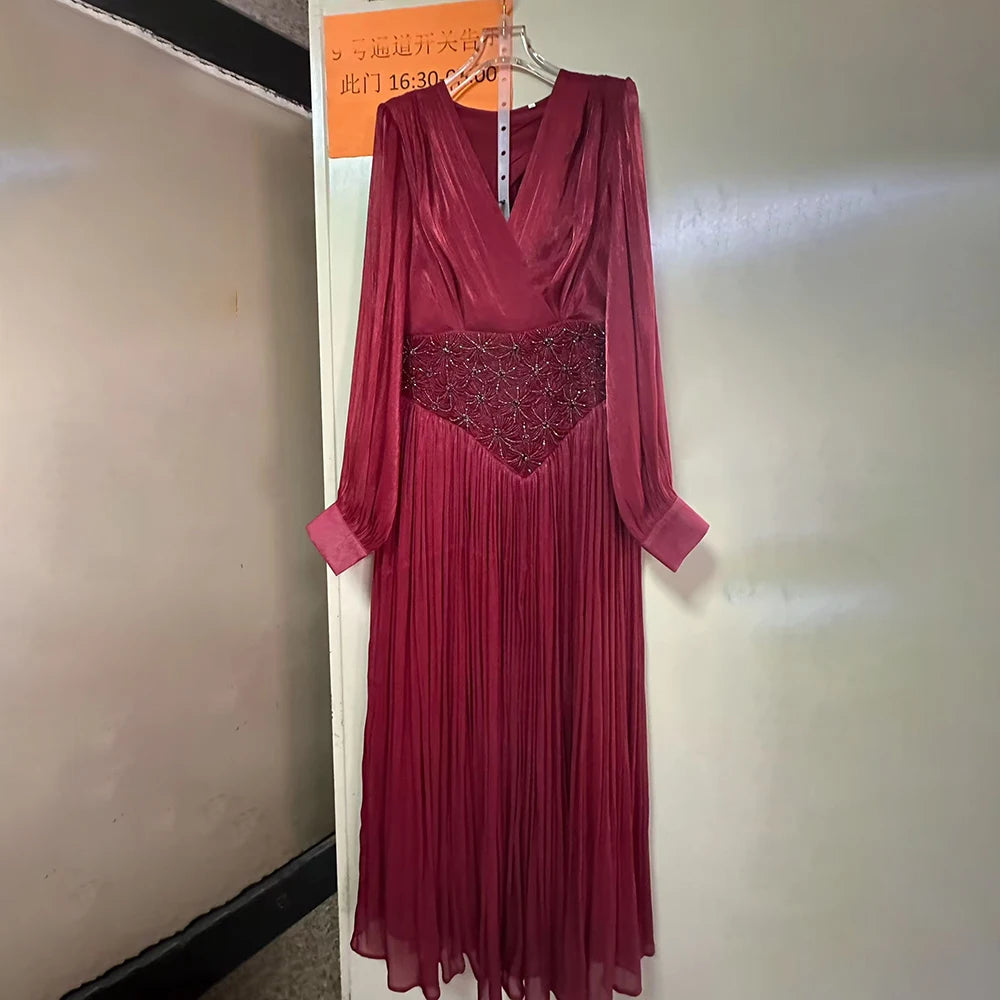 French Retro Vacation Dress for Women V Neck Lantern Sleeve Spliced Bead Square Scarf Tunic Temperament Long Dresses Female