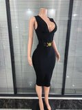 High Quality Women Sleeveless Sexy Tank V-Neck Bodycon Midi Bandage Dress Elegant Evening Party Office Lady Celebrate Outfit