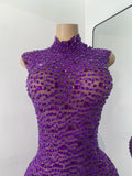 Luxury Purple Rhinestones Long Party Dress Celebrity Women Sexy Sleeveless Mesh See Through Prom Gown Club Birthday Dresses