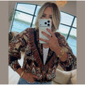 Women's Shawl Collar Fringe Knitted Cardigan Self Fabric Belt Waist Ethnic Print Loose Long Sleeve Mid Length Coat Autumn Casual