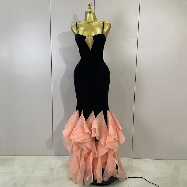 Women Black Bodycon Mermaid Bandage Long Dresses With Pink Ruffles Sexy V Neck Birthday Party Prom Gown Celebrities Eveing Dress