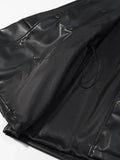 Black Slimming Leather Jacket for Women Lapel Long Sleeve Patchwork Double Breasted Fashionable Coat Female Autumn