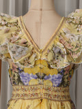 Luxurious Party Folds Design Draped Dress for Women V Neck Flying Sleeve Tunic Floral Printing Vintage Midi Dresses Female