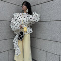 French Polka Dot Design Blouses for Women Stand Collar Long Sleeve Spliced Ruffled Vintage Shirt Female Autumn New