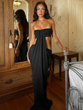 Elegant Hollow Dress Women Solid Patchwork Sleeveless Backless Ruched Stretch Gown Midnight Prom Party Long Bodycon