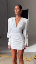 Sexy Women Deep V Puff Long Sleeve Satin Dress Solid Waist-cinching Design Ruched Slim Fit Dresses Elegant Party Lady Gowns 2026