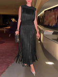 Solid Spliced Tassel Dresses Suit for Women O Neck Sleeveless High Waist Long Dress with Sling Two Piece Set Female