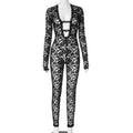 Sexy Jacquard Jumpsuit Women Sexy Mesh Patchwork Low-Neck Hollow Full Sleeve Skinny Midnight Party Clubwear Overalls