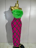 Luxury Celebrity Evening Party Birthday Dresses Women Sexy Green Feather Strapless Color Block Plaid Bodycon Midi Bandage Dress