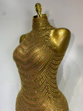 Women Sexy Sparkly Rhinestone Gold Maxi Dress Mesh See Through Evening Party Singer Stage Perform Costume Luxury Birthday Gown
