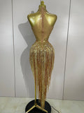 Women Sparkly Diamonds Pearls Tassel Sexy Mesh Stretch Dress Latin Dance Luxury Birthday Outfits Nightclub Party Stage Costume