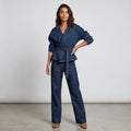 Women Dark Blue Denim Sets Vintage Lapel Belted Peplum Long Sleeve Cuff Top Wide Leg Pants Outfit 2026 Lady Autumn Chic Suits