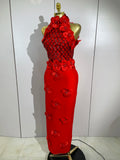 High Quality Birthday Party Dresses Black Red Beaded Flower Mesh Patchwork Long Bandage Dress Celebirty Prom Evening Club Wear