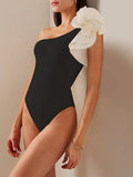 Colorblock Sexy Bodysuits For Women Diagonal Collar One Shoulder Sleeve High Waist Slimming Bodysuit Female Fashion Style