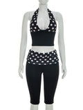 Patchwork 2-Piece Set Women Backless Halter Low-Neck Vest+Folds Elastic Waist Short Fashion Polka Dot Print Suits