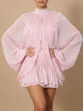 Chic Birthday Party Pink Pleates Ruffled Mini Dress for Women Strapless Design Shiny Fabric with Smock for Stylish Outings