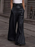 Women Fashion Faux Leather High Waist Wide Leg Loose Pants Sashes Zipper 2025 Spring Party Casual Street PU Trousers