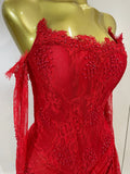 Women Sexy Strapless Backless Red Lace Split Mni Bodycon Dress With Gloves Celebrity Elegant Evening Club Birthday Party Outfit