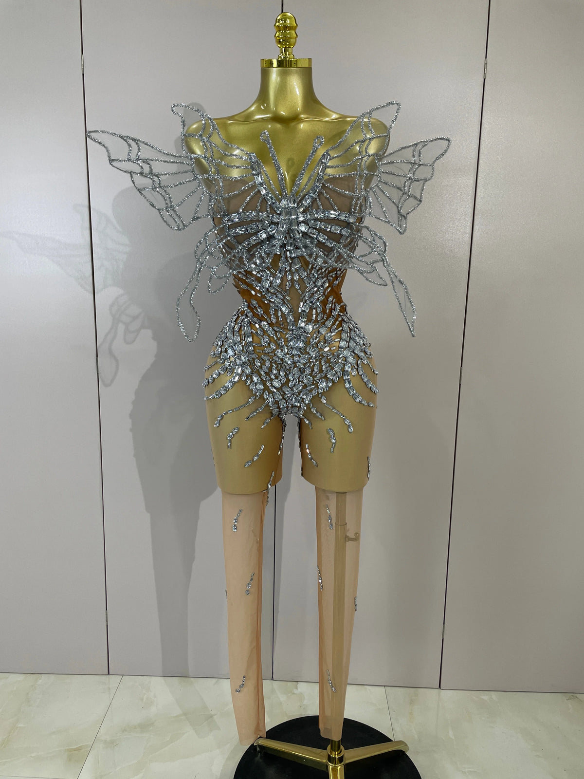 Sexy 3D Butterfly Strapless Mesh See Through Jumpsuit Sparkly Silver Diamond Eveing Party Birthday Bar Nightclub Stage Costumes