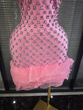 Pink Black Women Sexy Halter Off the Shoulder Sparkly Crystal Ruffles Bodycon Bandage Mini Dress Celebrate Evening Party Outfit