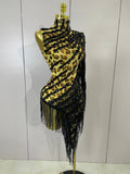 Women One Shoulder Latin Dance Outfits Sexy Leopard Print Sparkly Diamond Tassel See-Through Dress Nightclub Party Stage Costume