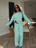Solid Women Loose Pants Set Letter Print Off Shoulder Long Sleeve Sweatshirt Wide Leg Trousers Chic Casual Loungewear Suit 2026