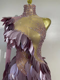 Luxury Diamonds Birthday Evening Party Bar Nightclub Stage Costume Sexy Purple One Shoulder Mesh See Through Bodycon Mini Dress