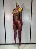 Sparkly Rhinestone Sexy Mesh Bodycon Jumpsuit Nightclub Bar Evening Party Gogo Dancer Clothing Drag Queen Outfit Stage Costume