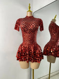 Sexy Women Short Sleeve Sparkly Sequins Stage Dress Luxury Evening Party Nightclub Performance Costume Stage Wear