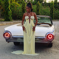 Sexy Yellow Chiffon Halter Maxi Dress Lady Chic Hollow Out Backless Lace Up Sleeveless See Through Robe Female Spring Party Wear